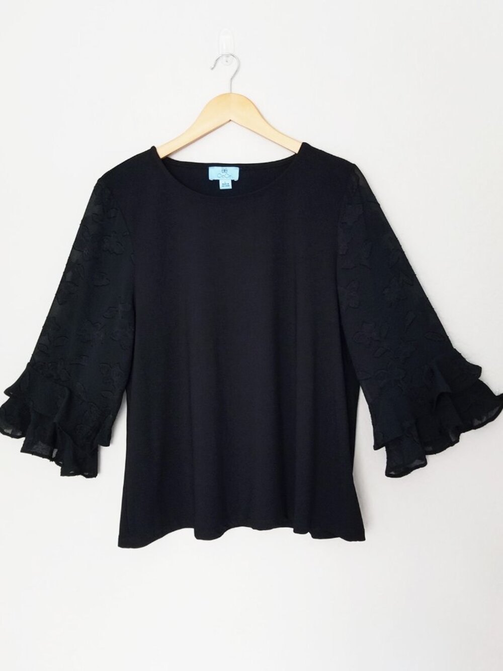 CeCe Black Floral Jacquard Chiffon Tiered Ruffle Sleeve Mix Media Blouse Top L - Picture 3 of 15